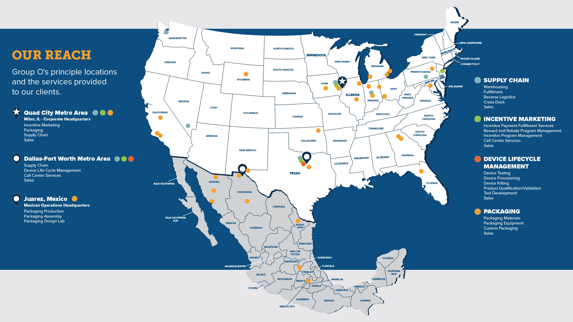 Map of Group O locations across the US.